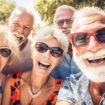 Group of elegant looking senior people taking selfie with smartphone, Happy and smiling.AI Generated